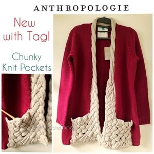 100% LambsWool Chunky Knit Maroon Burgundy Dk Red Cardigan, Braided Knit Pockets
